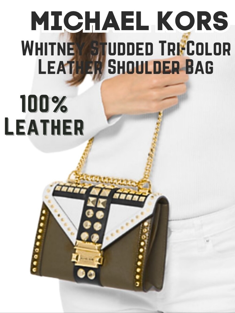 Michael Kors Leather Crossbody Tricolor Green Cream Black Studded New